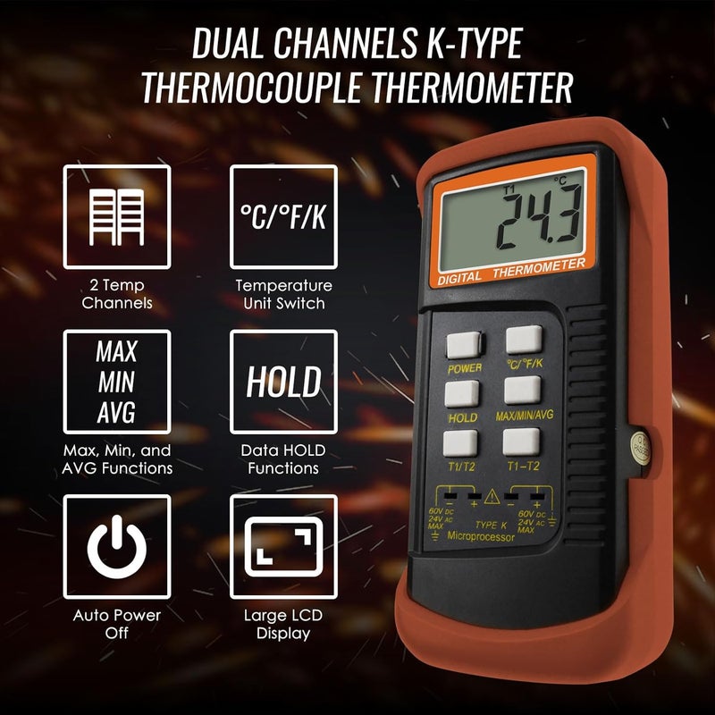 DANOPLUS K Type Thermocouple Thermometer (-50~1300°C), Dual Channels Digital Thermometer with 2 Temperature Clamp 2 Wired Thermocouple Probes, High Accuracy Temperature Kelvin Scale Meter Tester - Image 3